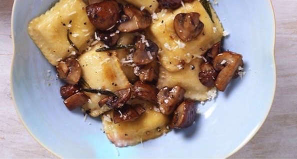 Ravioli with Rosemary butter and mushrooms