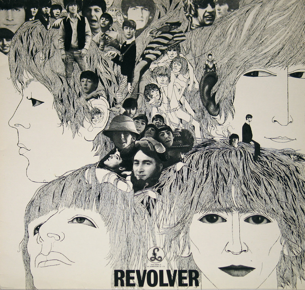 French Odeon LP front cover of The Beatles’ Revolver featuring Klaus Voormann’s black-and-white collage illustration with large stylized portraits of the band members surrounded by dozens of smaller cut-out photo fragments arranged in dense clusters across the artwork.